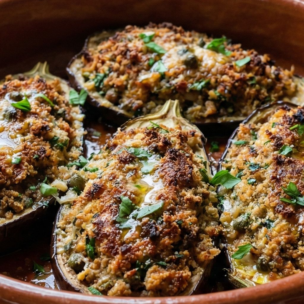Earthenware dish holding golden-brown baked Calabrian stuffed eggplants.