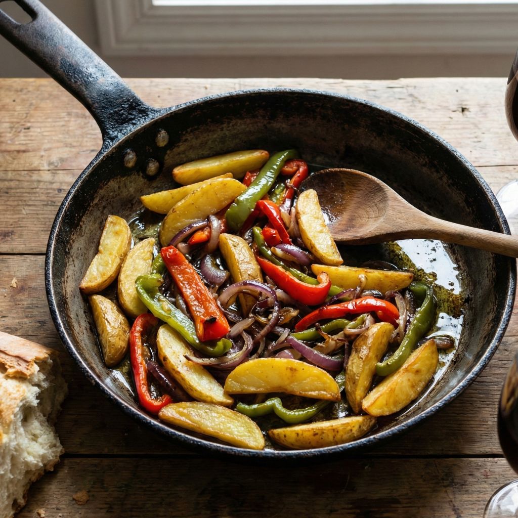 Cast iron skillet filled with Pipi e Patate (fried peppers and potatoes) on a rustic wooden table.