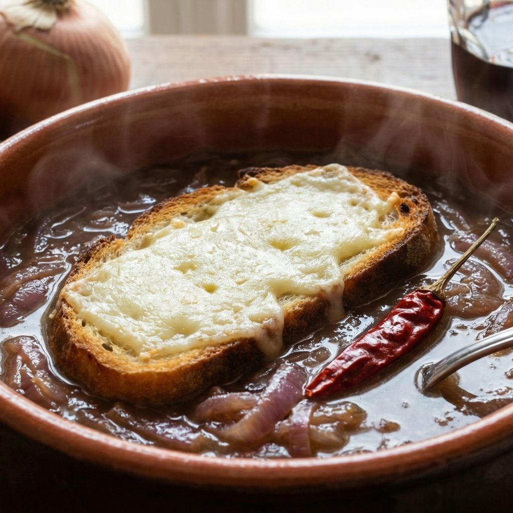 Terracotta bowl of hot Licurdia red onion soup topped with melted cheese on toast and a chili pepper.