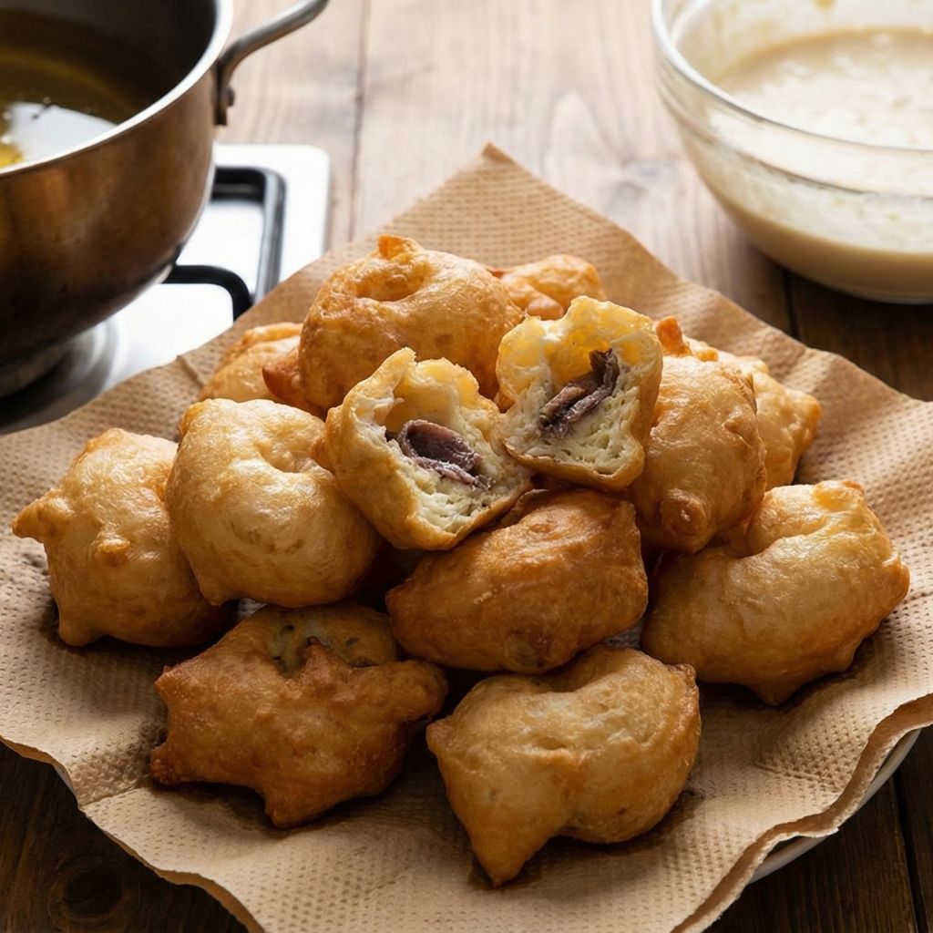 Freshly fried Calabrian Crispelle fritters, one broken open to reveal the anchovy filling.