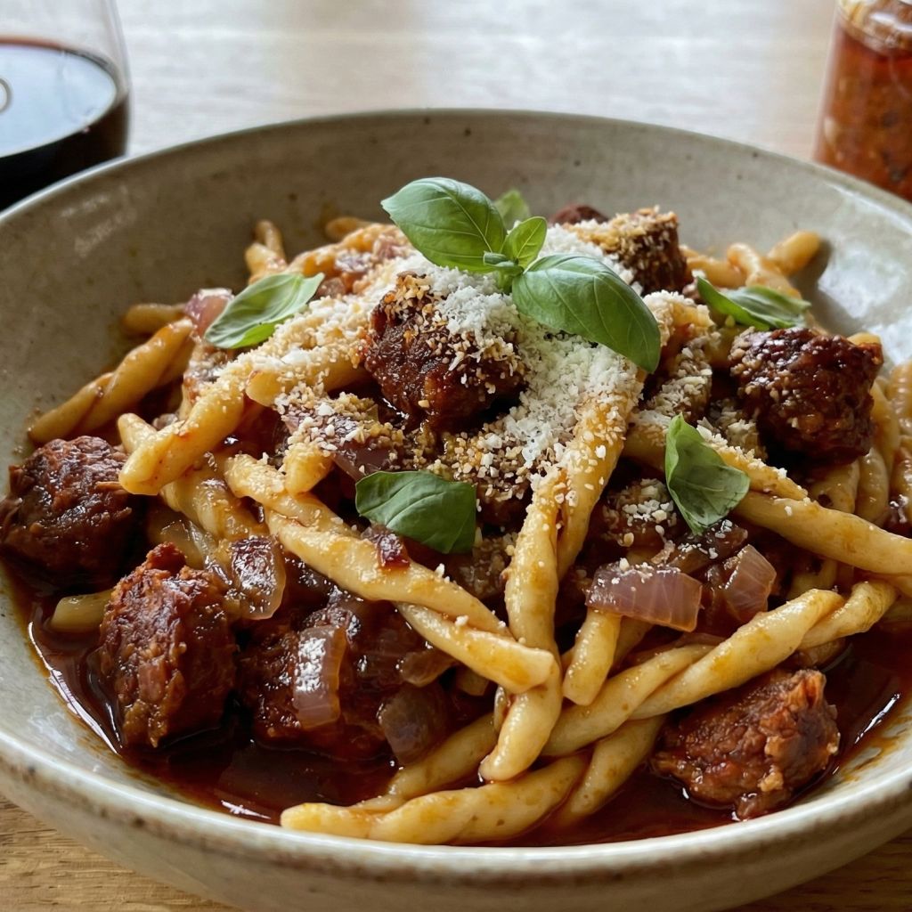 Bowl of Calabrian Fileja pasta with spicy 'Nduja sauce and grated pecorino cheese.