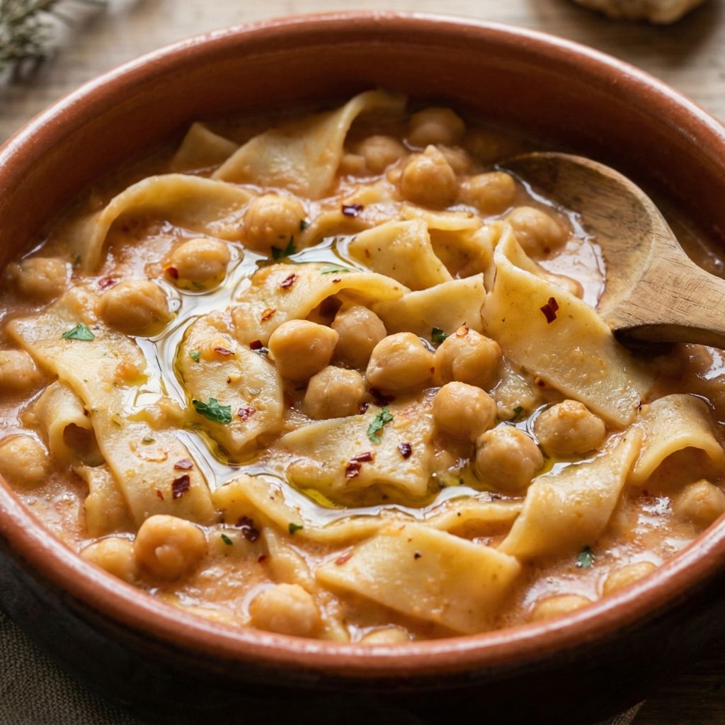 Rustic ceramic bowl filled with Lagane e Ceci, a thick chickpea and wide ribbon pasta stew, drizzled with olive oil and seasoned with chili flakes.