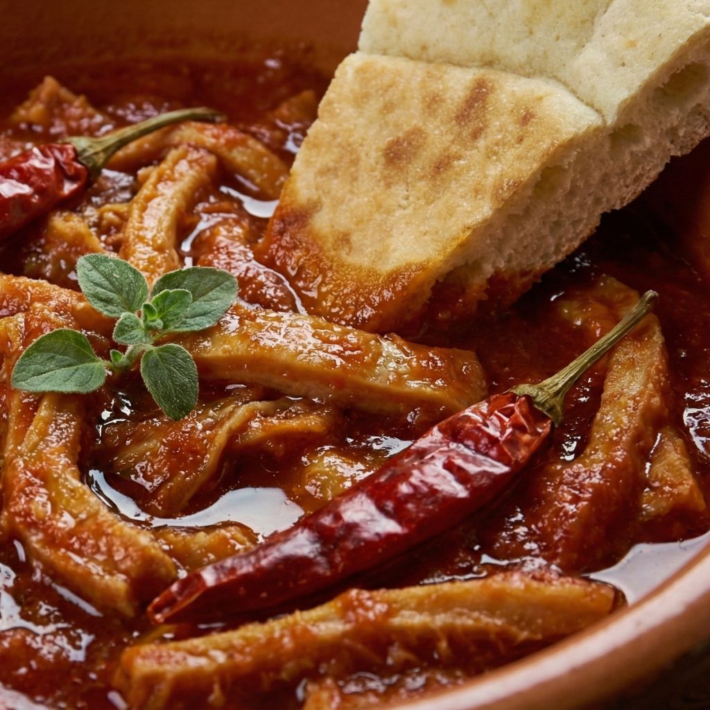 Terracotta bowl of spicy Calabrian Morzello tripe stew with red chilies, oregano, and a piece of bread.
