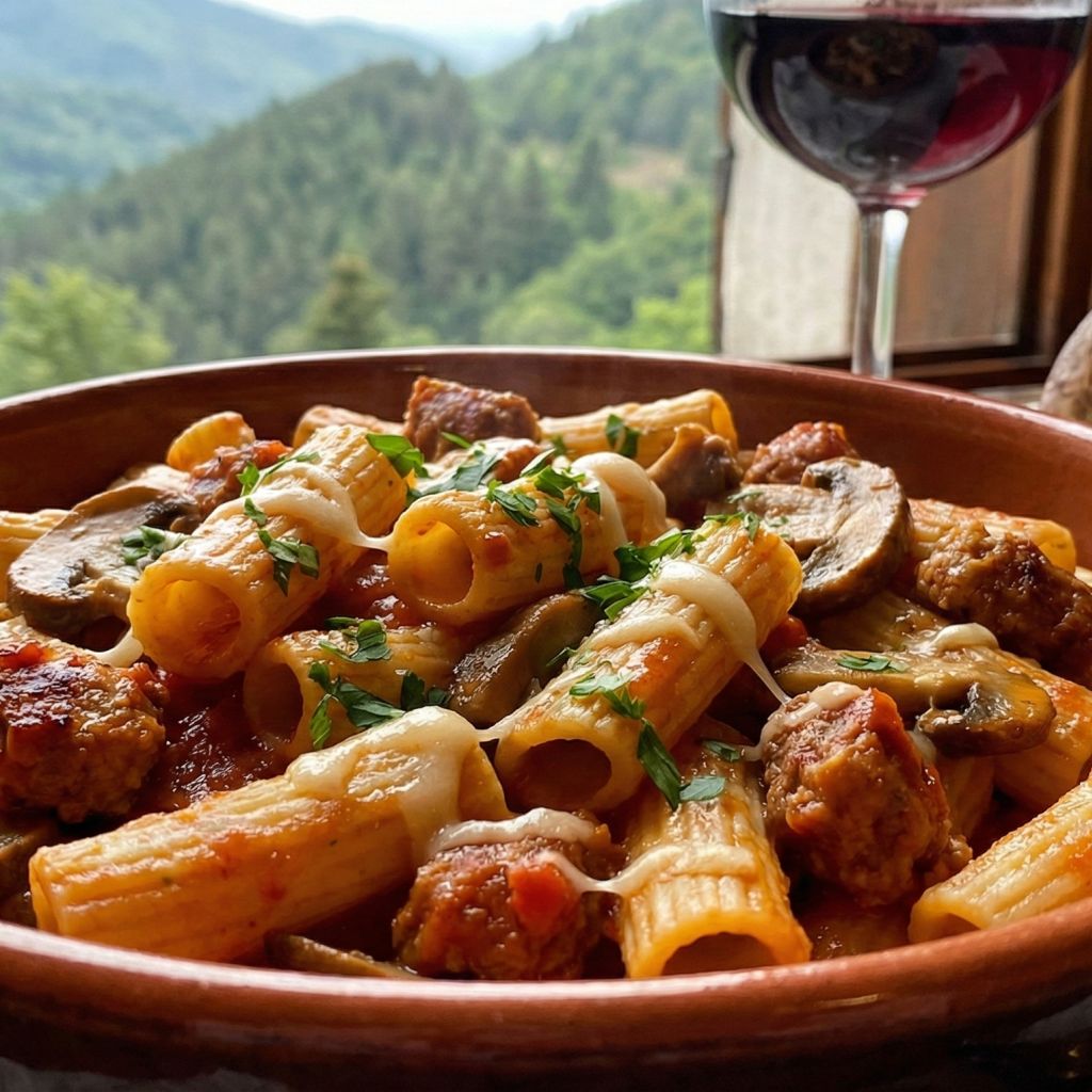 Rustic bowl of Rigatoni alla Silana with sausage, porcini mushrooms, and melted cheese against a mountain backdrop0