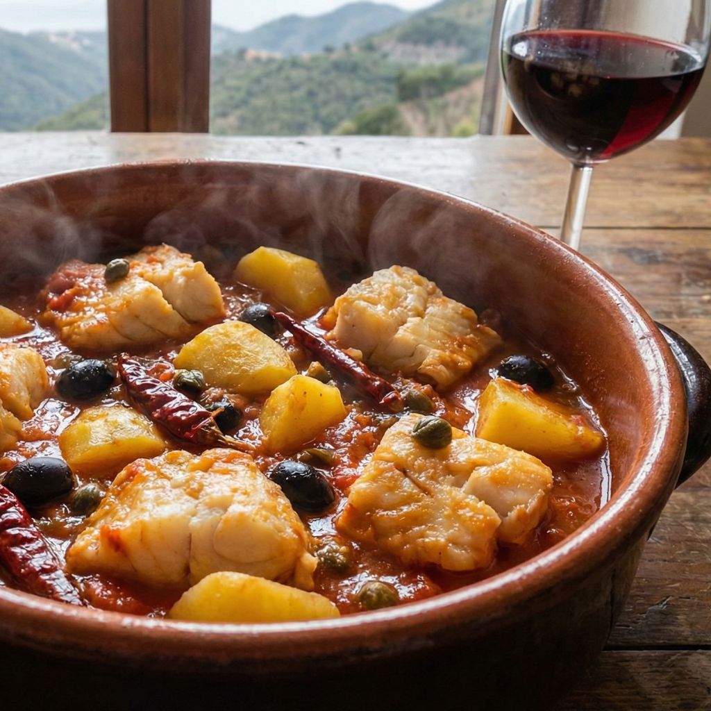 Terracotta pot of Calabrian Stoccafisso alla Mammolese stockfish and potato stew with olives and chilies.