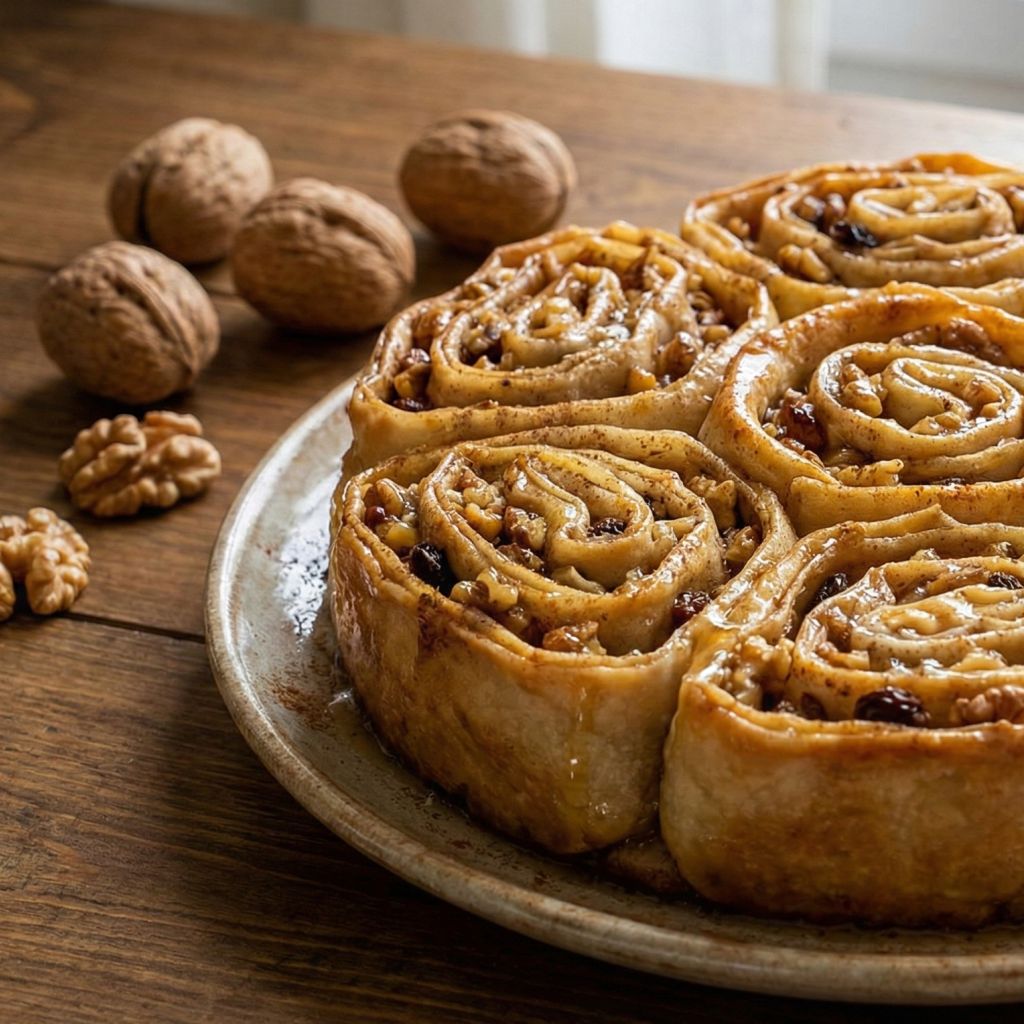 Traditional Calabrian Pitta 'Mpigliata cake featuring golden pastry rosettes filled with nuts and honey.