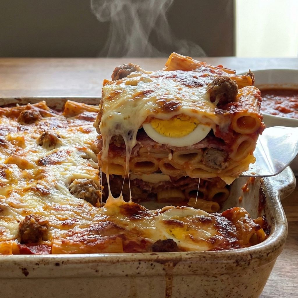 Slice of steaming Calabrian 'A Pasta Chijna baked pasta revealing layers of hard-boiled eggs, cheese, and tiny meatballs.