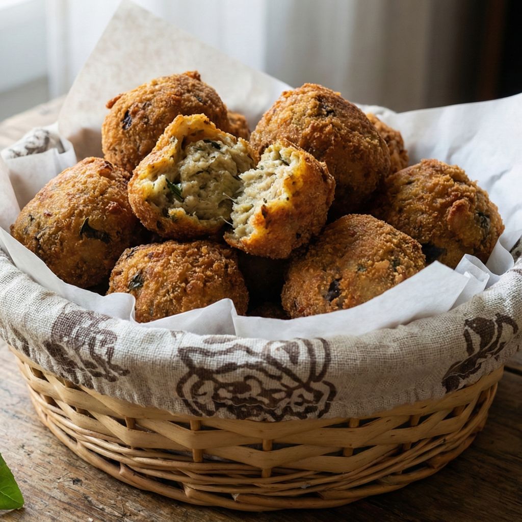 Rustic basket piled with fried Calabrian eggplant meatballs, one broken open showing the textured interior.