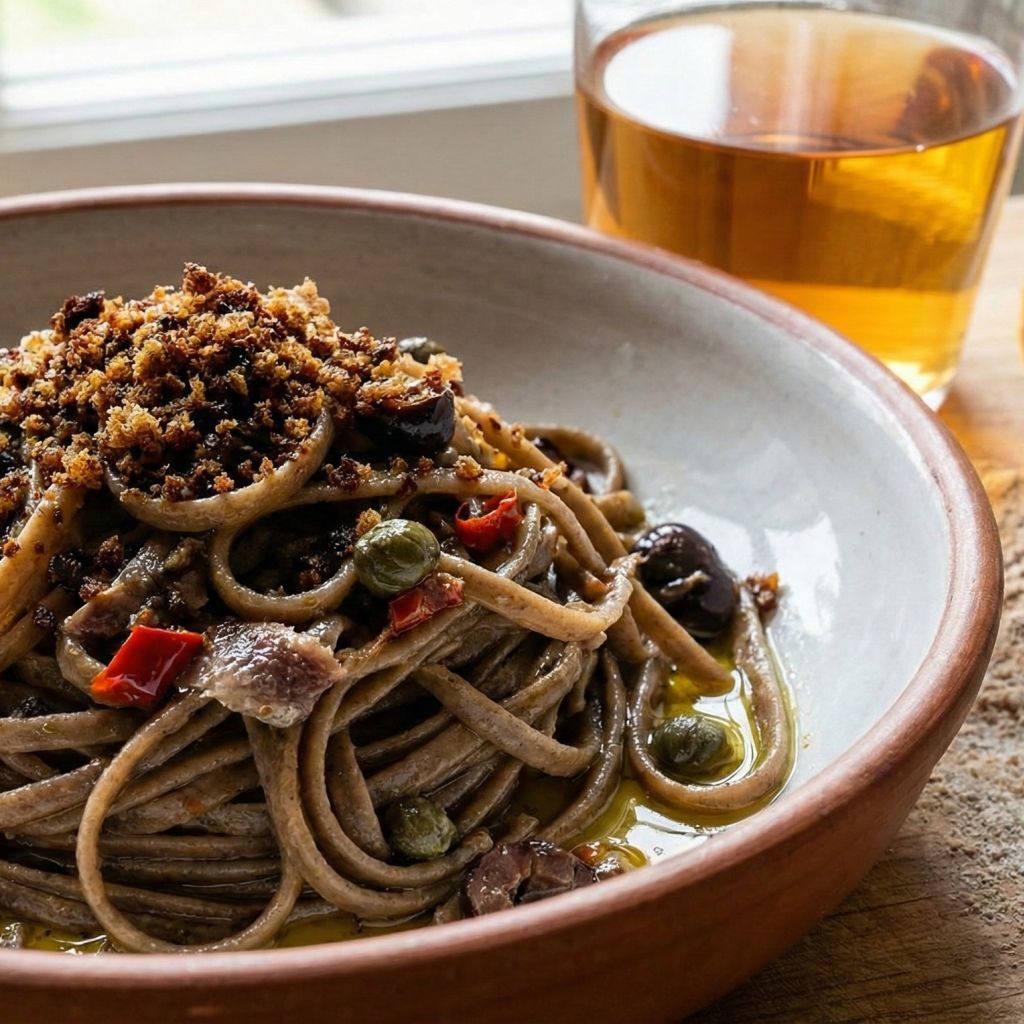 Rustic bowl of dark Calabrian Struncatura pasta topped with toasted breadcrumbs, olives, and chilies.