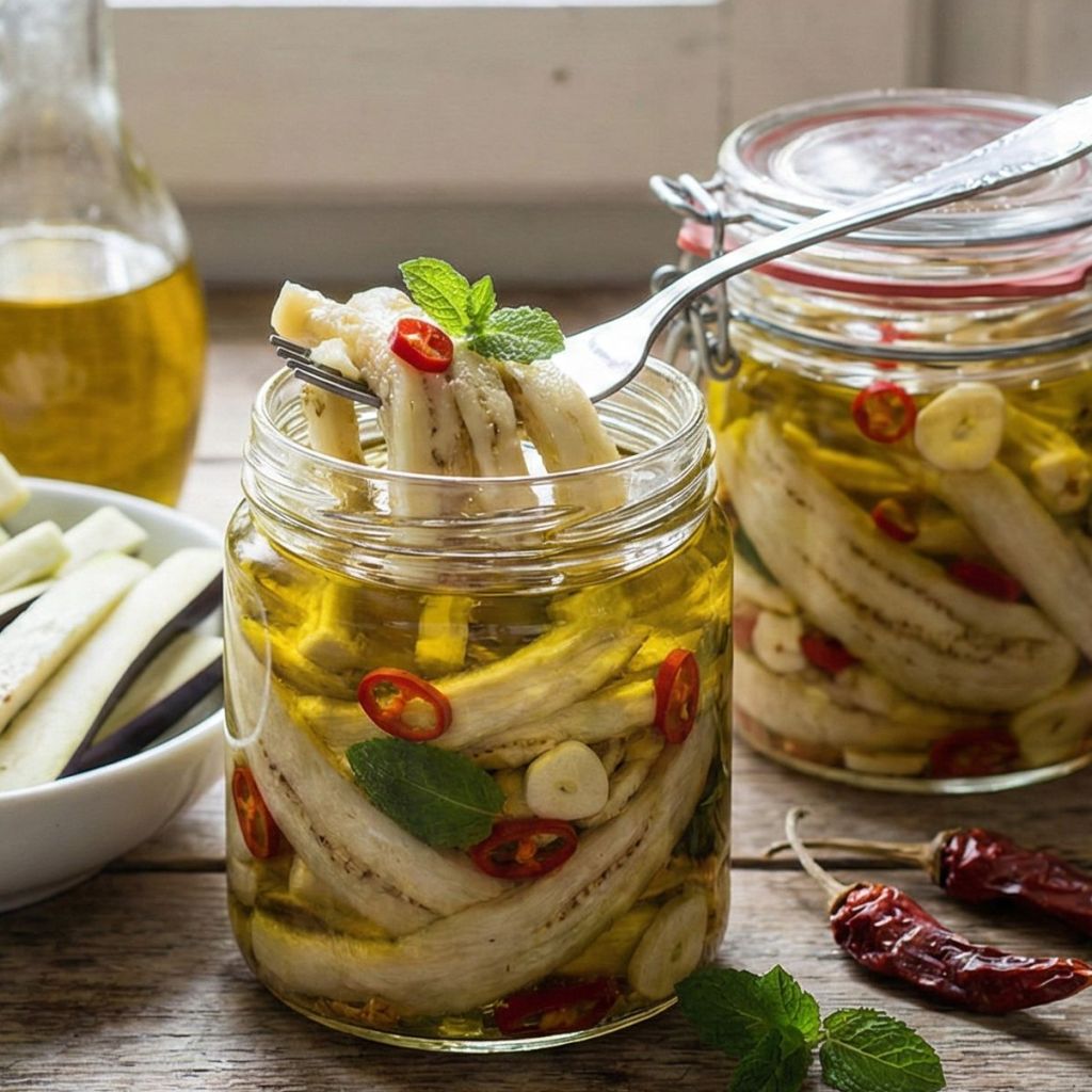 Jars of Calabrian pickled eggplant strips (Melanzane Sott'olio) in oil with chili, garlic, and mint.
