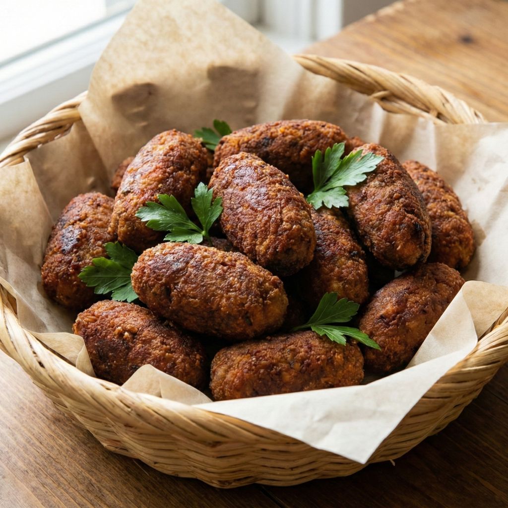 Wicker basket filled with golden-brown fried Calabrian Vrasciole (oval meatballs) and fresh parsley.