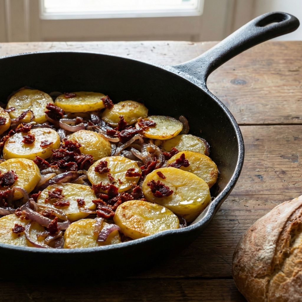 Pan-fried Calabrian Patate 'Mpacchiuse, golden potato slices stuck together with caramelized onions.