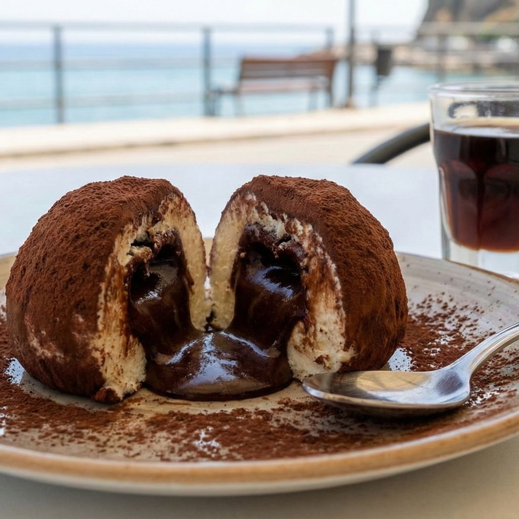 Tartufo di Pizzo gelato dessert cut in half, showing its oozing molten chocolate center and cocoa dusting.