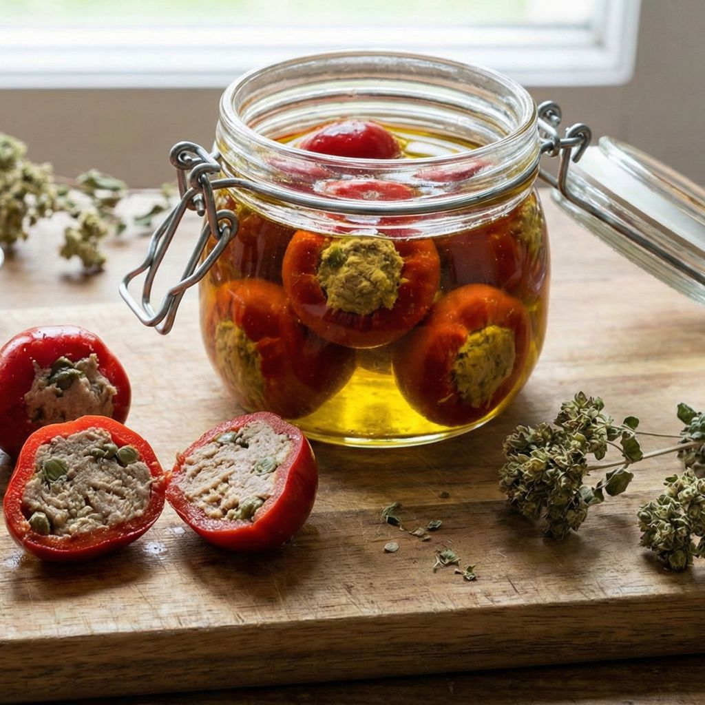 Calabrian red cherry peppers stuffed with tuna and capers, shown in a jar and cut on a wooden board.