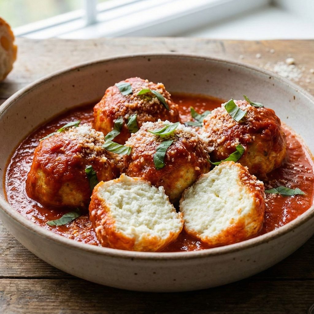 Rustic bowl of ricotta meatballs simmered in tomato sauce, with one cut open revealing the soft white interior.