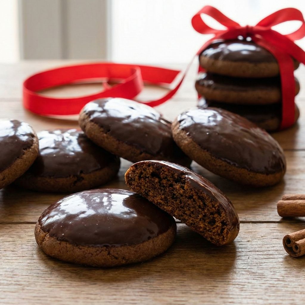 Chocolate-glazed Calabrian Susumelle spiced cookies, one broken in half to show the soft interior, with honey and cinnamon sticks.
