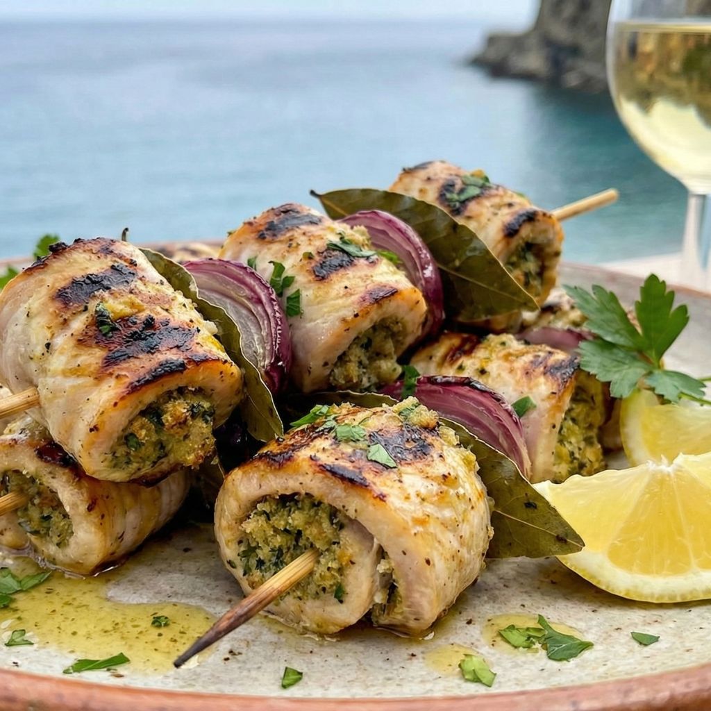 Grilled Calabrian swordfish rolls (Involtini di Pesce Spada) on skewers with lemon and white wine by the sea.
