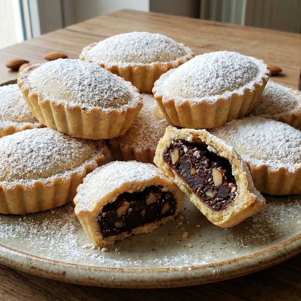 Calabrian Bocconotti tartlets dusted with powdered sugar, one broken open revealing a chocolate and almond filling.