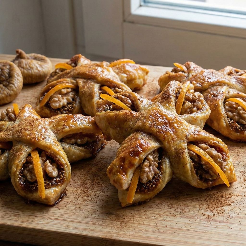 Golden-brown Calabrian Crocette dried fig pastries stuffed with walnuts and orange peel, dusted with cinnamon on a wooden board.