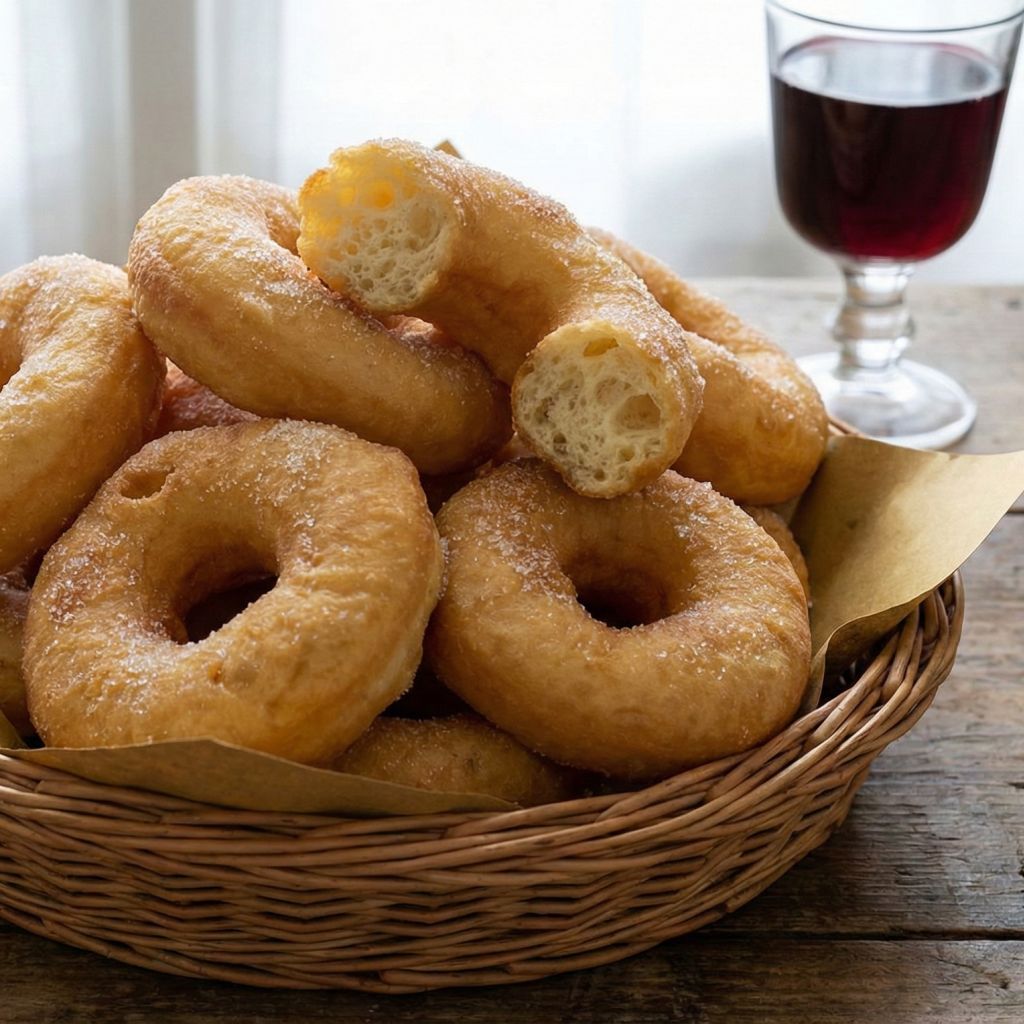 Wicker basket piled with sugared Calabrian Cullurielli potato doughnuts, one broken to show the fluffy interior.