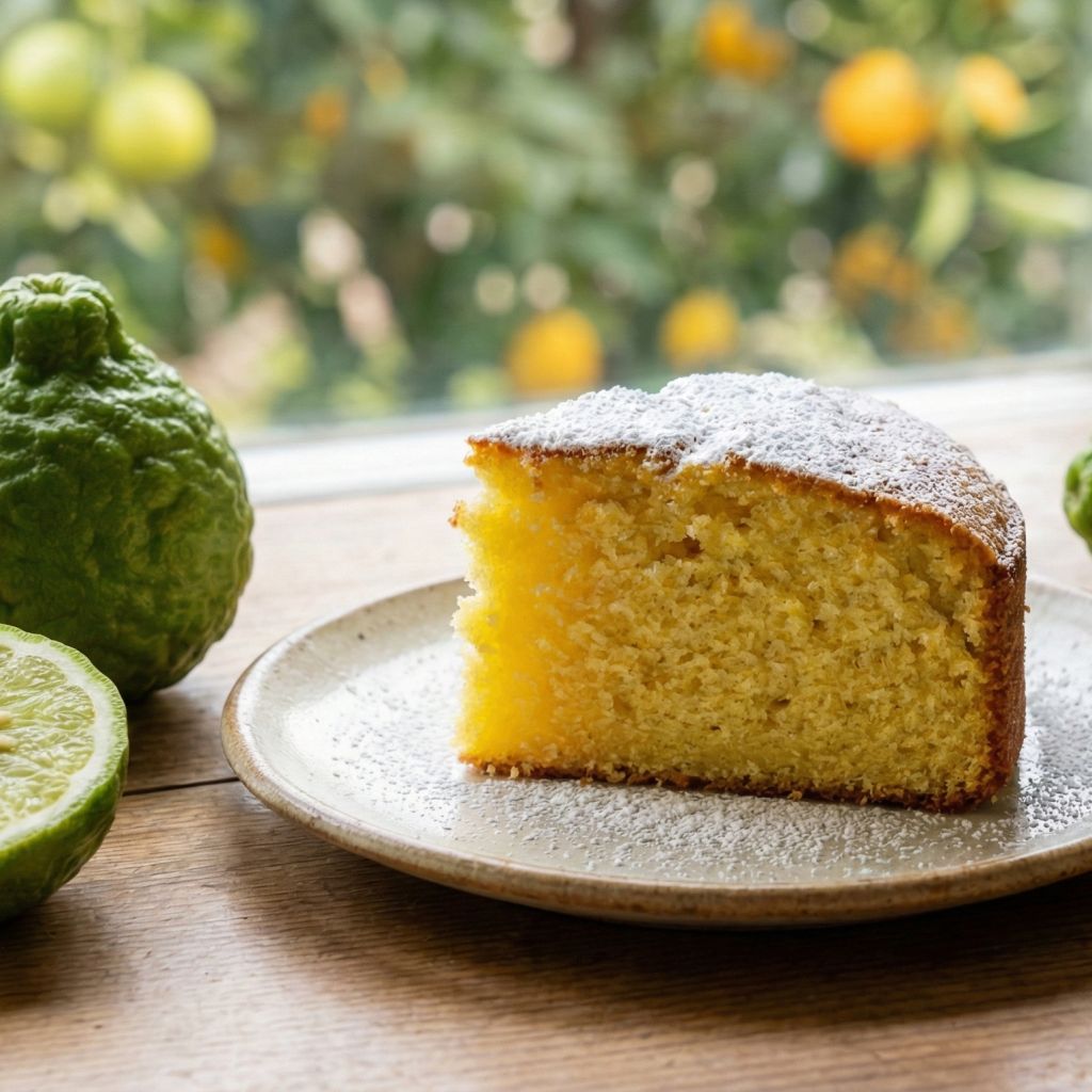 Slice of soft Calabrian bergamot sponge cake, dusted with powdered sugar, surrounded by fresh green bergamot fruits and zest on a rustic table.