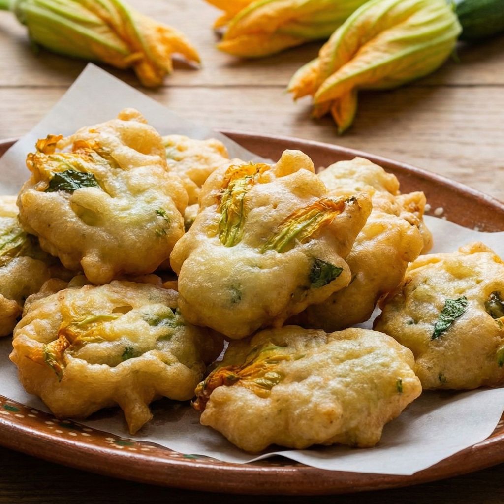 Plate of golden-brown Calabrian Sciuriddi (fried zucchini flower fritters) on a wooden table with fresh blossoms.