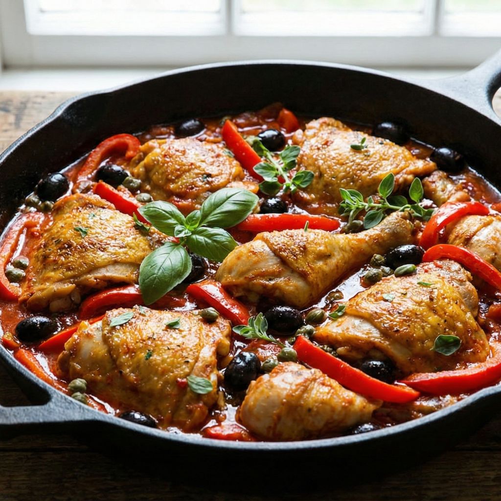 Cast-iron skillet filled with rustic Calabrian chicken stew (Pollo alla Calabrese), featuring red peppers and black olives.