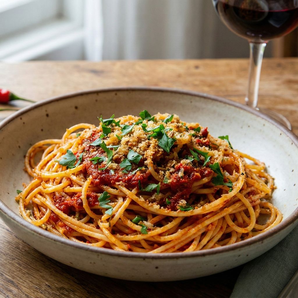 Bowl of spaghetti coated in red Calabrian Sardella fish paste, sprinkled with breadcrumbs and parsley, next to a jar of the paste.