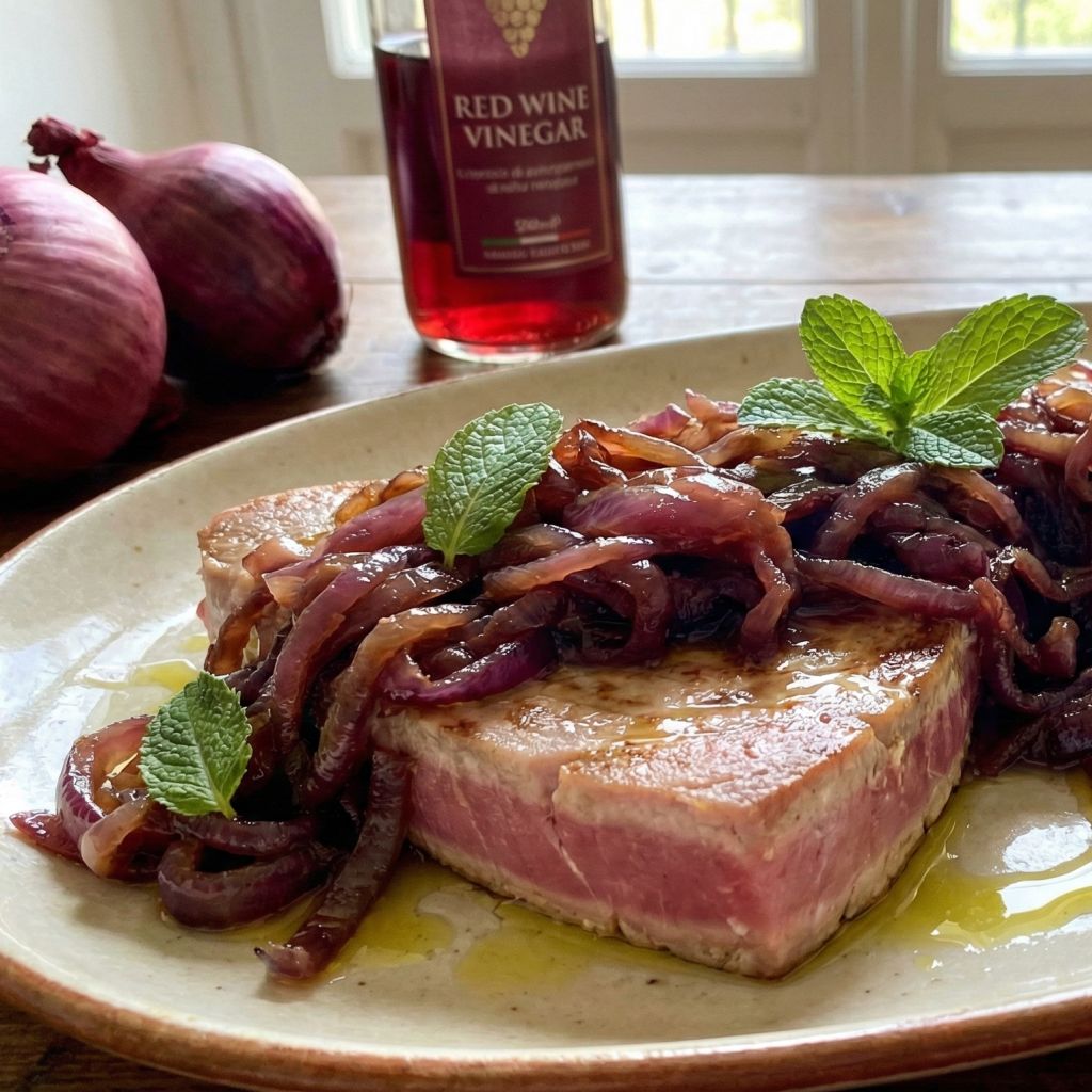 Seared fresh tuna steaks smothered in caramelized Calabrian red onions and mint leaves on a ceramic platter.