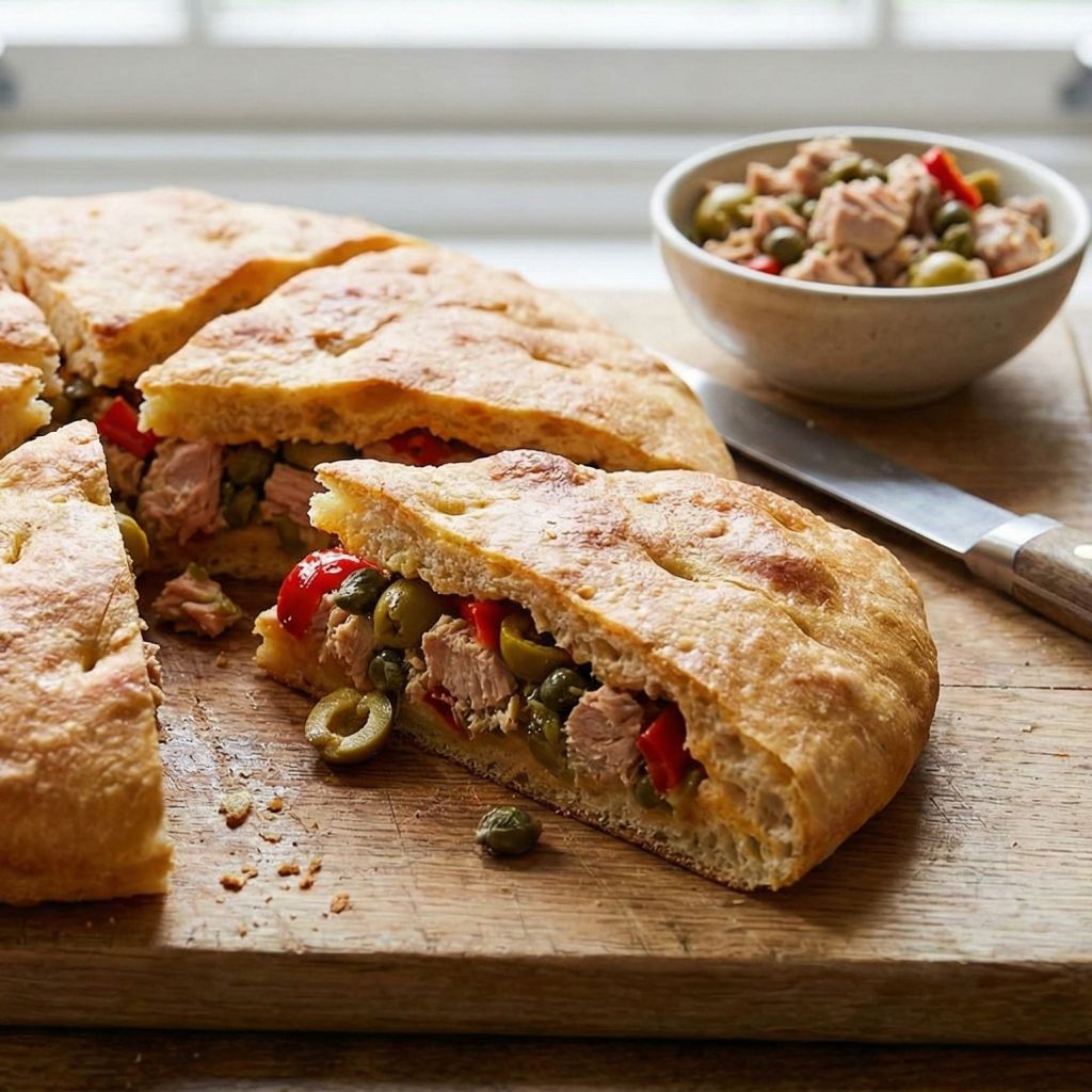 Rustic wooden board with a sliced Calabrian Pitta Chijna, showing its tuna, olive, and red pepper filling.