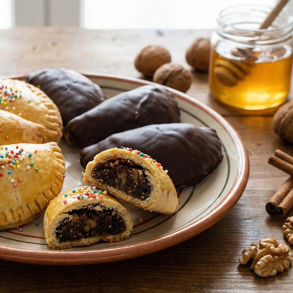 Calabrian Petrali Christmas pastries, some with sprinkles and some chocolate-coated, with one cut open to show the dark fig and nut filling.