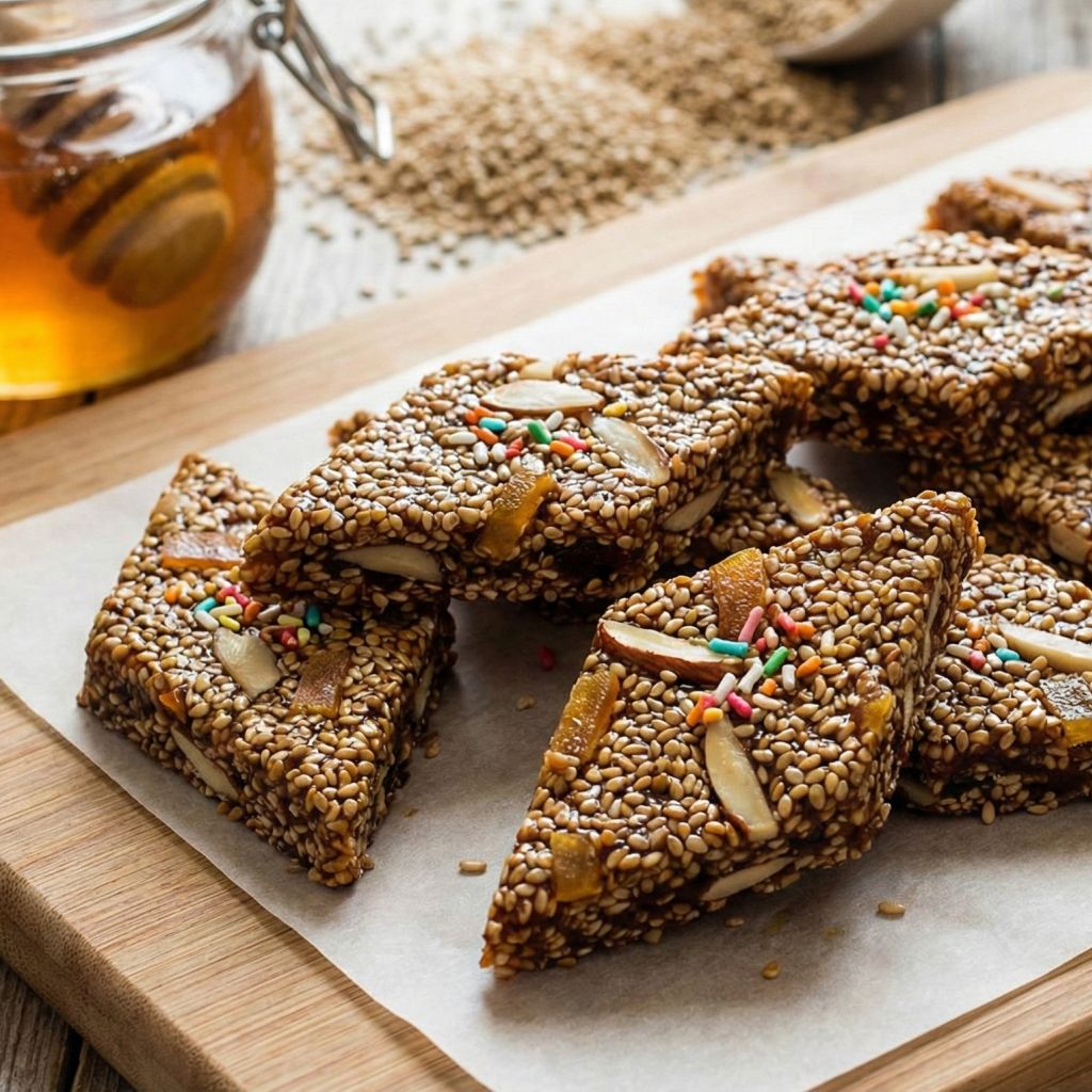 Diamond-shaped pieces of Calabrian Giurgiulena sesame brittle, packed with almonds and decorated with sprinkles, resting on parchment paper next to a jar of honey.