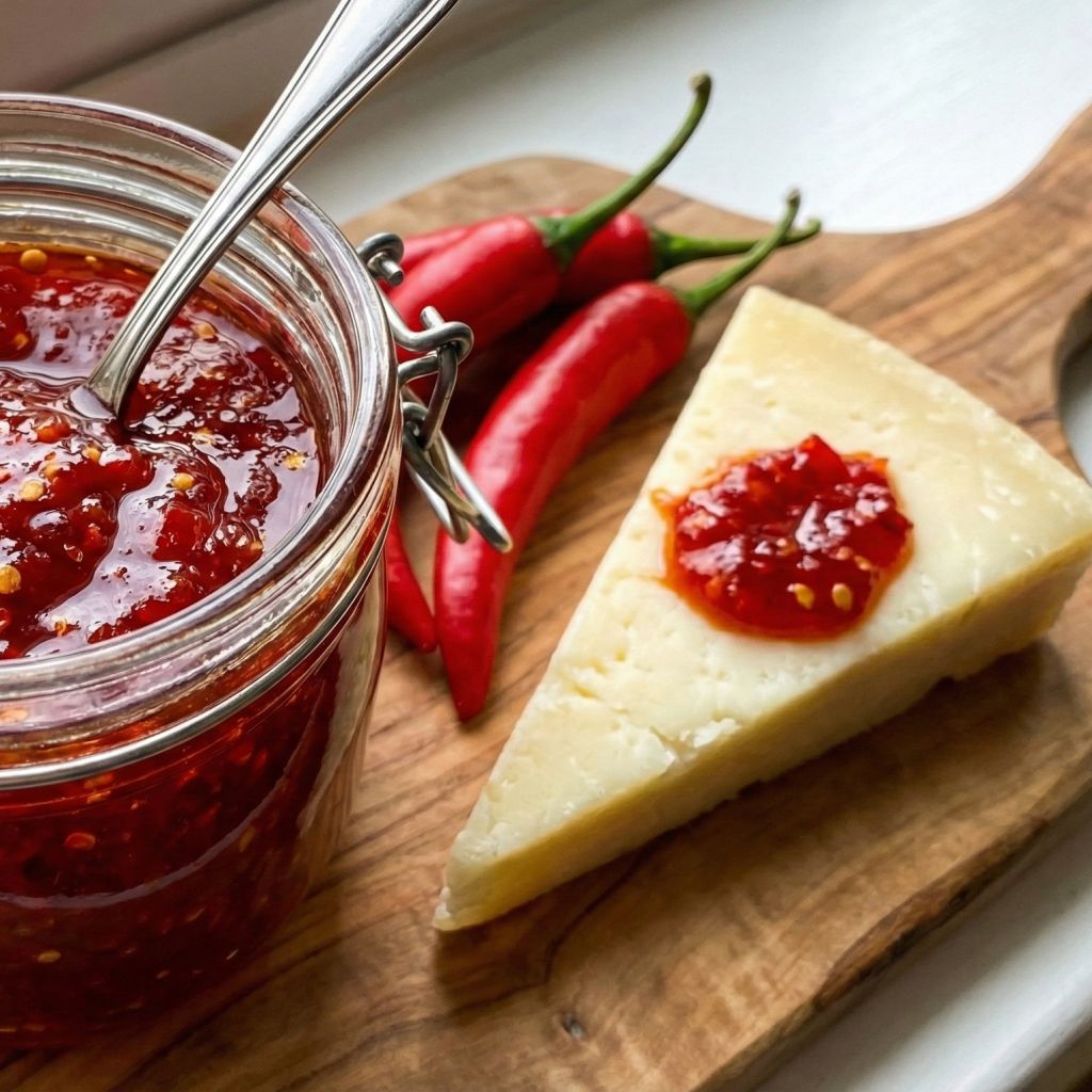 Open jar of glossy red Calabrian chili jam with seeds, served with fresh chilies and a wedge of cheese on a rustic wooden board.