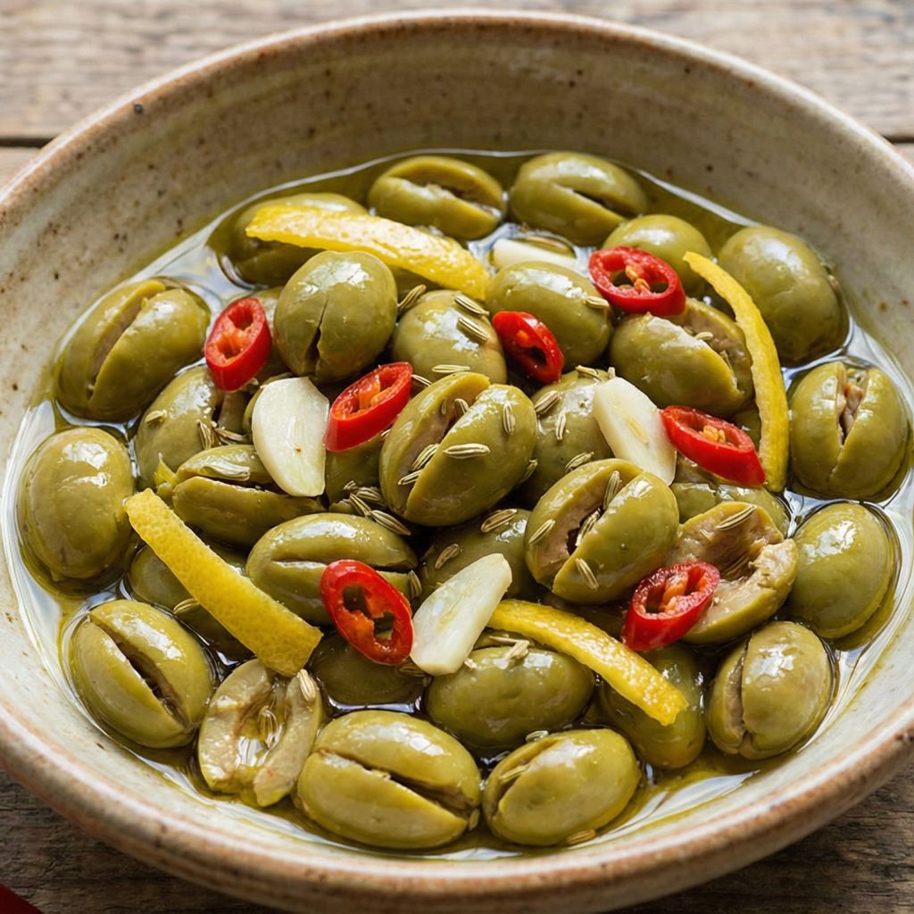 Rustic bowl of crushed green Calabrian olives dressed with sliced garlic, red chilies, fennel seeds, and lemon peel.