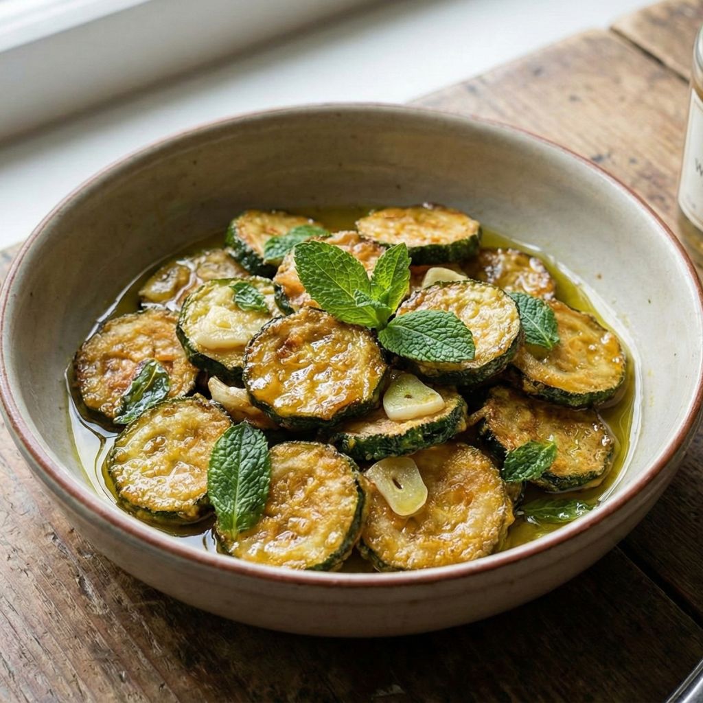 Rustic bowl of Calabrian Zucchine alla Scapece: golden fried zucchini slices marinated with fresh mint and garlic.