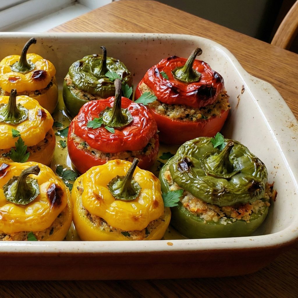 Rustic baking dish filled with colorful, roasted Calabrian stuffed peppers (Pipi Chini) showing their breadcrumb stuffing and charred lids.