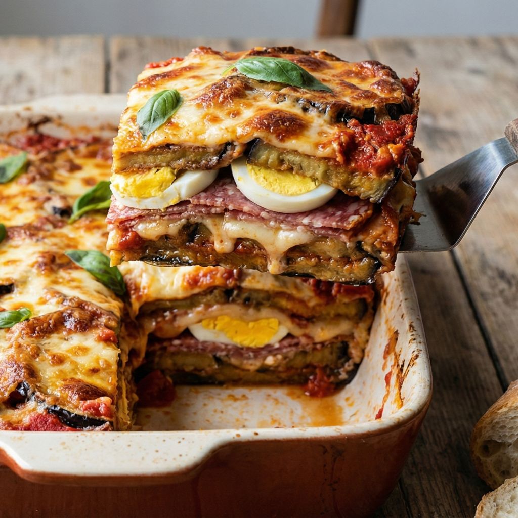 Spatula lifting a slice of rich Calabrian Eggplant Parmigiana, clearly showing layers of hard-boiled eggs and soppressata salami between the fried eggplant and melted cheese.