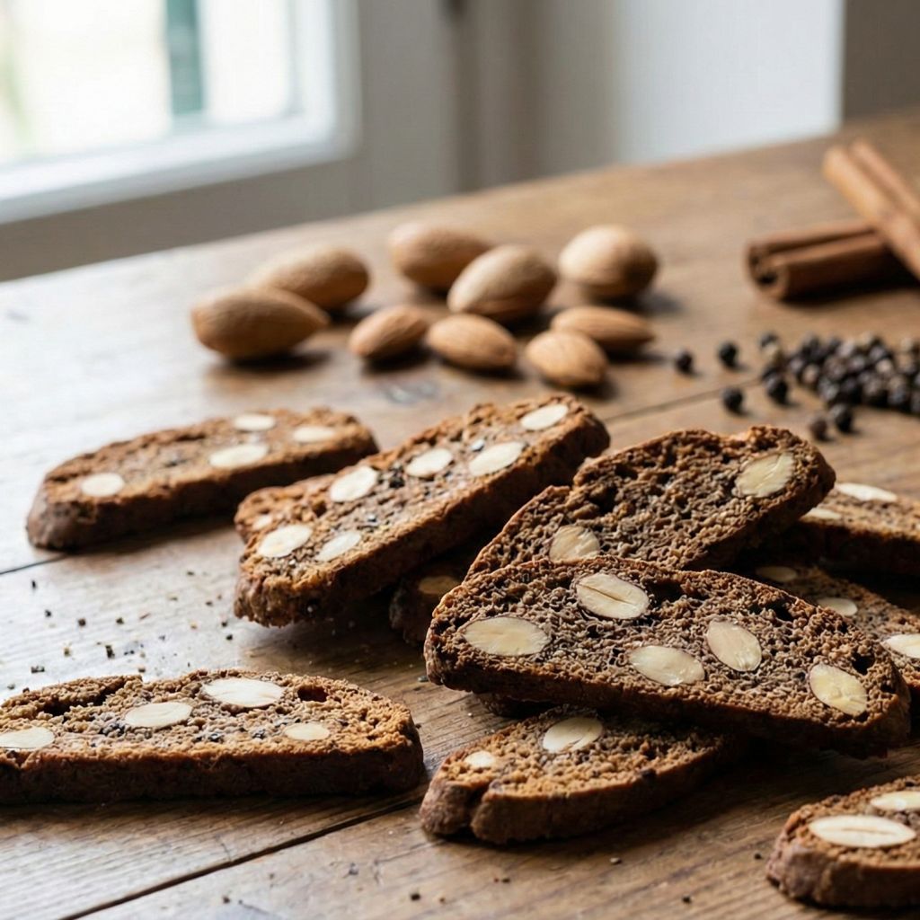 Rustic table with scattered thin, dark Calabrian Piparelle biscuits showing almonds and pepper, alongside a glass of sweet wine and honey.