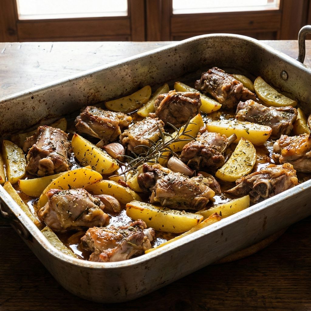 Rustic roasting pan filled with Calabrian roasted kid goat and potatoes, seasoned with rosemary, on a wooden table with red wine.