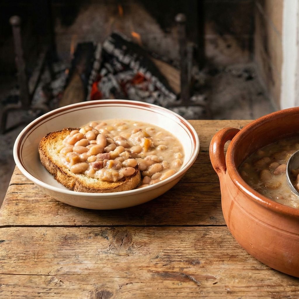 Rustic terracotta 'pignata' pot filled with creamy Calabrian bean stew, alongside a bowl served over toasted bread on a wooden table with a fireplace background.