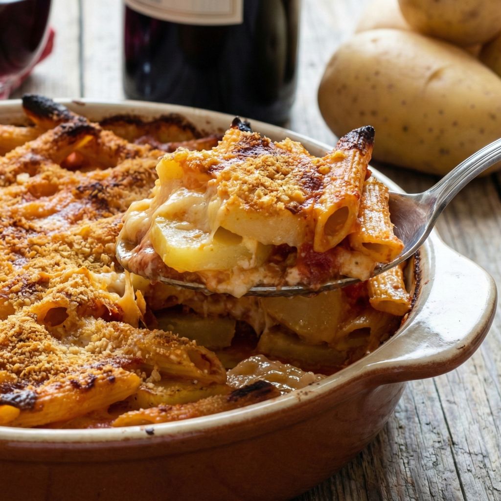 A serving spoon lifting creamy layers of potatoes and penne from a crispy-topped ceramic dish of Calabrian Pasta e Patate ara Tijeddra.