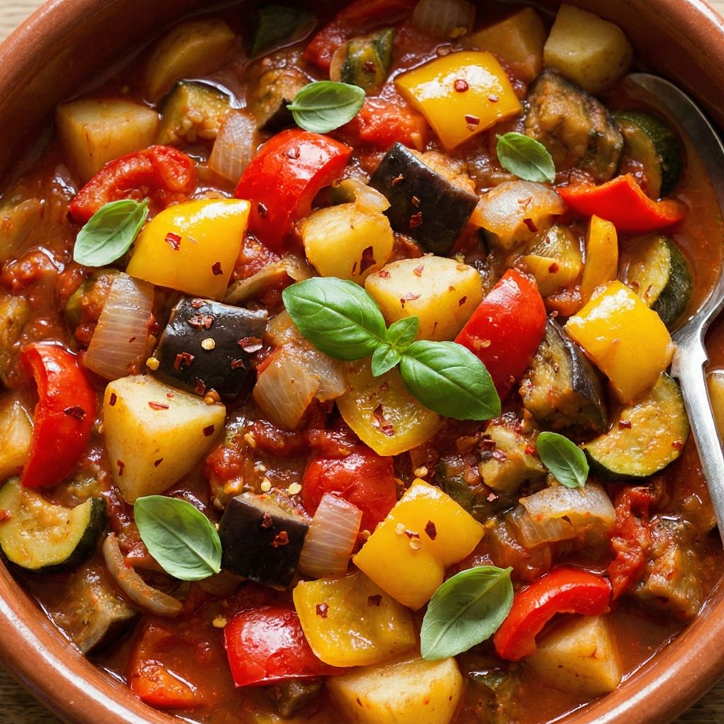 Rustic terracotta bowl filled with colorful Calabrian Giambotta vegetable stew, featuring chunks of potatoes, peppers, eggplant, and fresh basil leaves.
