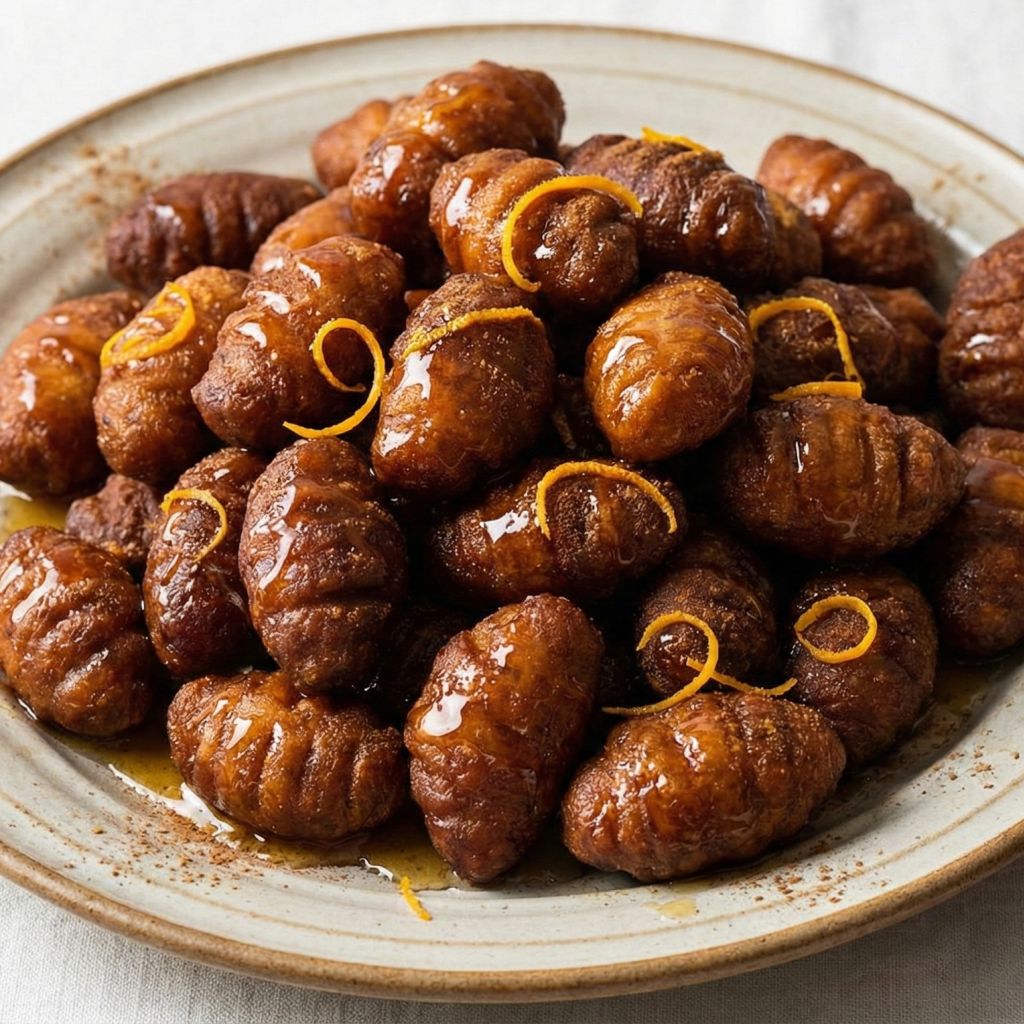 Pile of glistening honey-coated Calabrian Turdilli pastries on a ceramic plate with orange zest garnish.