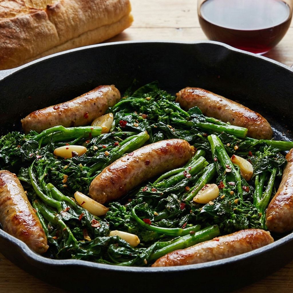 Rustic cast-iron skillet filled with Calabrian sausages and broccoli rabe sautéed with garlic and chili flakes.