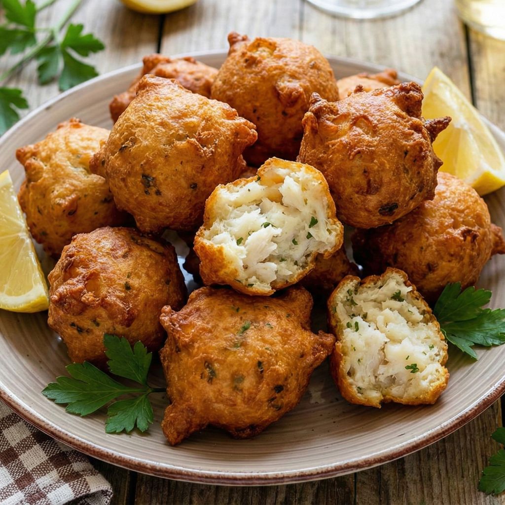Golden-brown Calabrian Salt Cod Fritters (Frittelle di Baccalà) on a rustic plate, showing a fluffy interior with white fish flakes.