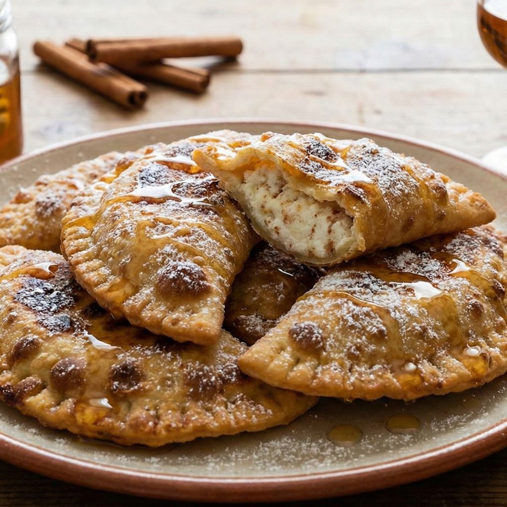 Rustic plate of fried Calabrian Chinulille pastries, drizzled with honey and dusted with powdered sugar. One is broken open revealing the sweet ricotta filling.