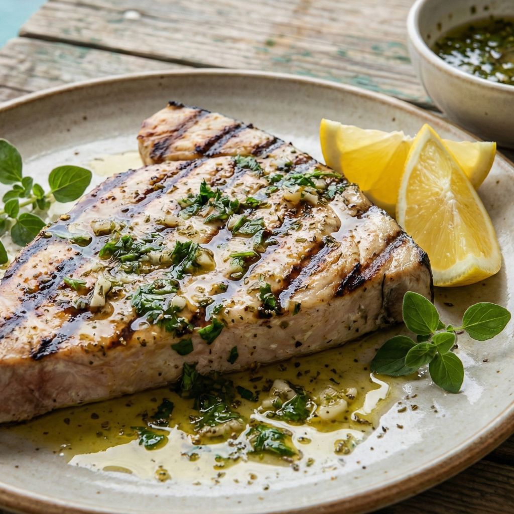 Rustic plate holding a grilled swordfish steak with char marks, generously topped with herby salmoriglio sauce and served with lemon wedges by the sea.