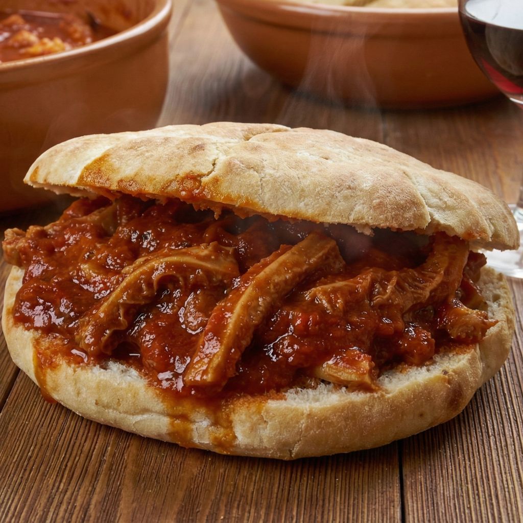Steaming rustic pitta bread sandwich overflowing with rich, dark red Morzello tripe stew on a wooden table.