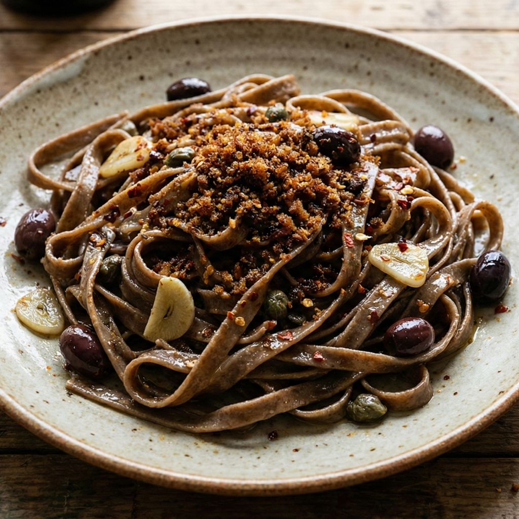Rustic dish of dark Calabrian Stroncatura pasta strands coated in oil and olives, topped with crunchy toasted breadcrumbs.