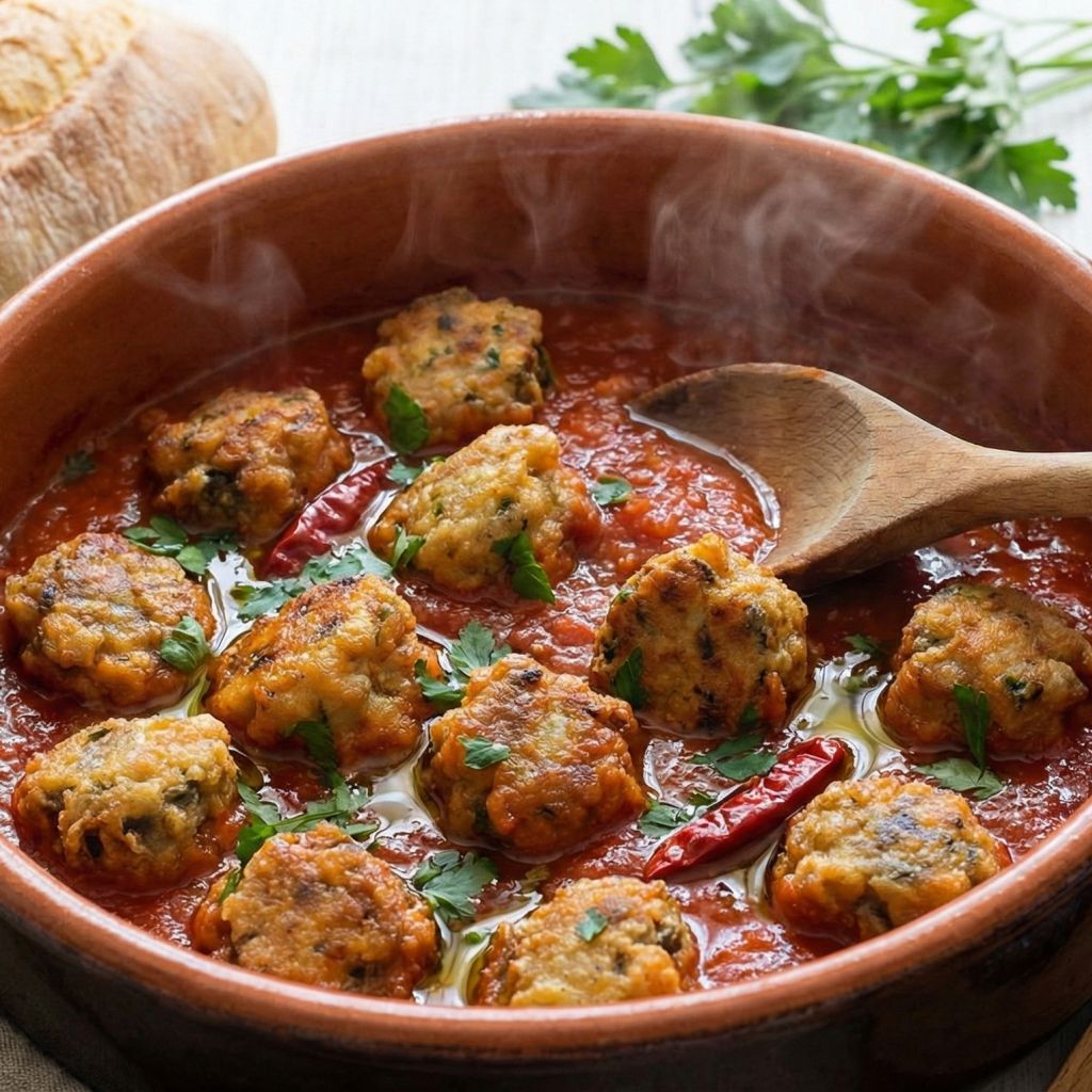 Rustic terracotta pot filled with steaming Calabrian Polpette di Alici (anchovy meatballs) simmering in tomato sauce, on a wooden table with bread and wine.